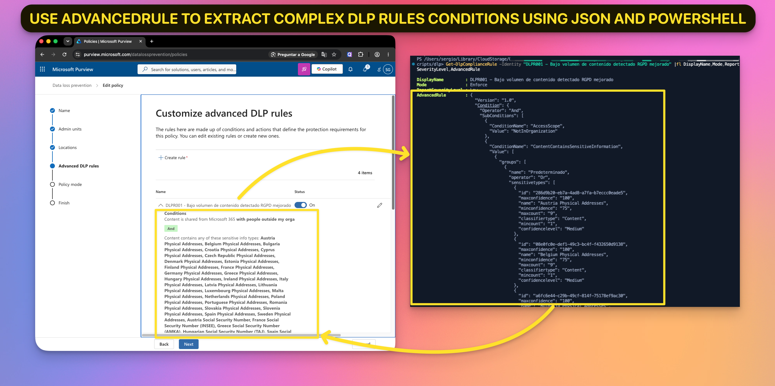 Learn how to extract, clean, save, and reuse the AdvancedRule JSON from a Microsoft Purview DLP rule for backups and lab testing. /../assets/images/quick-way-copy-dlp-rules-conditions.png